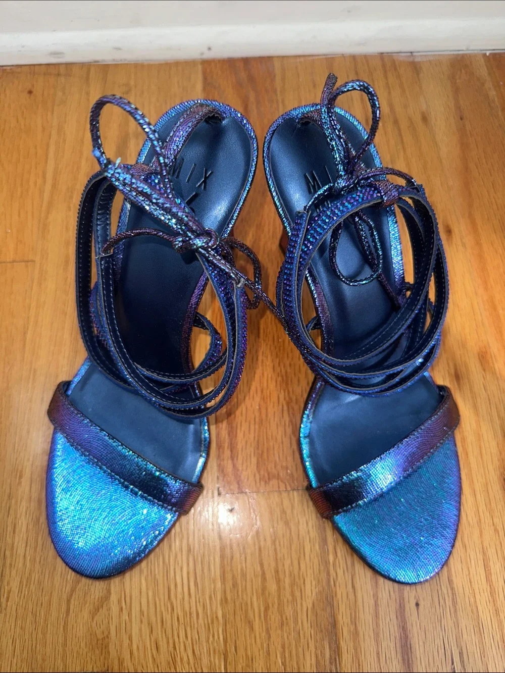 Iridescent Blue/Purple Lace-Up Heeled Sandals - Picture 7 of 10